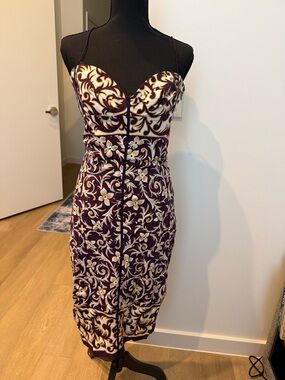 Nicole Miller Vintage Silk Purple and Cream Midi Cocktail Dress - Size 8